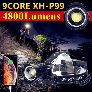 9CORE XHP99 Охотничий Масштабируемый светодиодный мощный налобный фонарь USB Зарядка, Высокомощная фара для ночной езды, фонарь для Кемпинга, Рыбалки