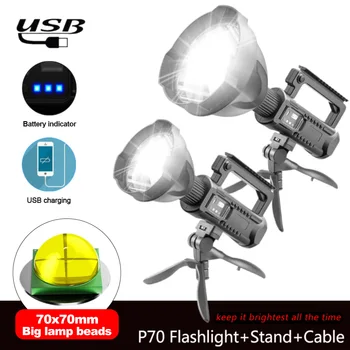 P70 Наружное мощное освещение с сильным освещением Портативная лампа фонарик с дисплеем мощности USB перезаряжаемый прожектор