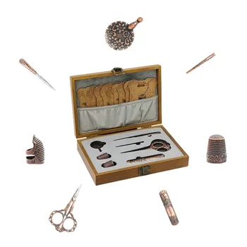Бытовой набор для шитья из цельного дерева, Деревянный инструмент для шитья, Конусообразная игла, Старинные Ножницы, Конусообразный Наперсток, Разъединяющее устройство, Медный шприц