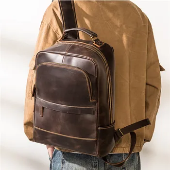 Винтажный модный мужской коричневый рюкзак из воловьей кожи Crazy Horse для путешествий на открытом воздухе, рюкзак с несколькими карманами, студенческая сумка, молодежный