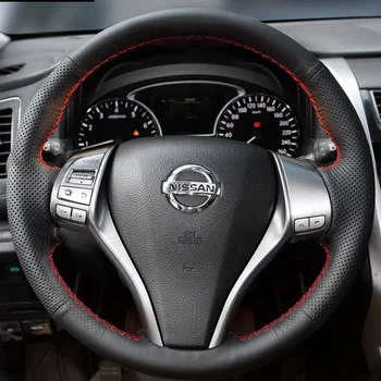 Для Nissan Teana Altima 2013-2018 X-Trail Qashqai 2014-2018 Нескользящая черная Кожаная крышка рулевого колеса автомобиля, сшитая вручную 
