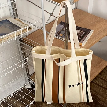 Женская холщовая сумка, Дизайнерская повседневная сумка в полоску, сумка на плечо с буквенным принтом, Большая вместительная хлопковая сумка для покупок, Студенческая сумка для книг