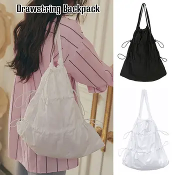 Женский рюкзак на шнурке, рюкзак, Плиссированная сумка на плечо Большой емкости, Плиссированный рюкзак, Легкий Вес, Белый, Черный