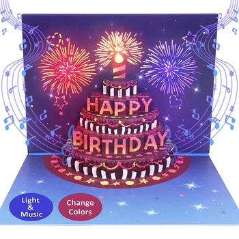 Звуковая открытка на день рождения, фейерверк, 3D всплывающий торт, свет и музыка, поздравительная открытка с днем рождения, подарок для мамы, бабушки, мужа и др.
