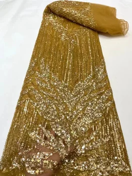 Золотая Африканская Кружевная ткань с бисером и пайетками, Нигерийская вышивка, Французская Сетчатая Кружевная ткань Для нигерийских свадебных платьев Для женщин