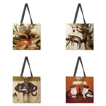 Классическая картина маслом с принтом кошки, сумка-тоут, женская повседневная портативная женская сумка через плечо, складная хозяйственная сумка, уличная пляжная сумка