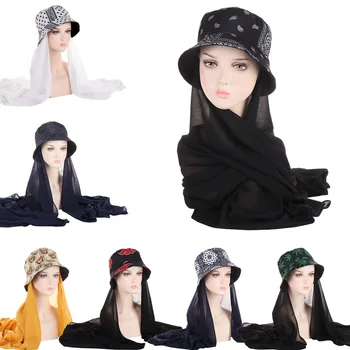 Летний мусульманский женский Шифоновый Хиджаб С широкополой шляпой, Повседневная Женская Солнцезащитная Рыбацкая шляпа с принтом, Полное покрытие, Исламская шляпа