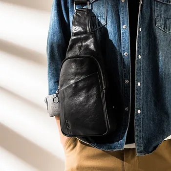 Модная дизайнерская мужская черная нагрудная сумка из натуральной кожи в стиле ретро, спортивная легкая мотоциклетная сумка из воловьей кожи первого слоя
