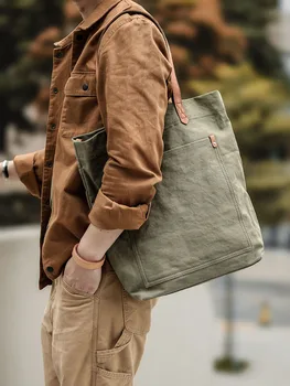 Модная холщовая сумка через плечо, женская мужская ретро-сумка-тоут, 16 унций, холщовая сумка через плечо с верхним слоем из натуральной кожи