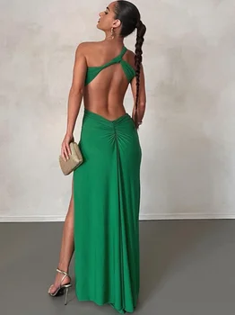 Модное Зеленое Черное платье 2023, Новое Длинное Летнее платье с диагональным вырезом на шее, Открытая спина, Сексуальное платье, Женское вечернее платье для вечеринки