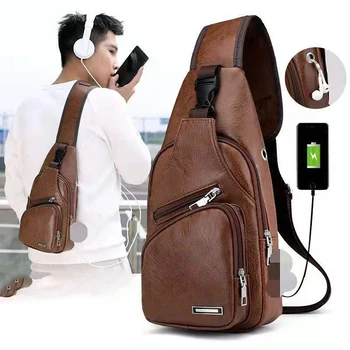 Мужская нагрудная сумка из искусственной кожи, уличная водонепроницаемая с отверстием для USB-зарядки наушников, модная сумка-мессенджер через плечо для мужчин