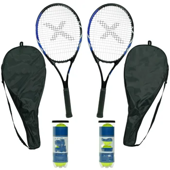 Набор алюминиевых теннисных ракеток на 2 игрока для взрослых - Включает две теннисные ракетки 27 дюймов, шесть мячей для всех видов корта и два чехла для переноски - синий