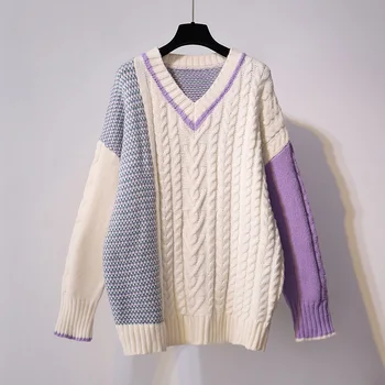 Осенне-зимний женский пуловер 2022 с длинными рукавами и V-образным вырезом, контрастный свитер в стиле пэчворк, Дикий и Свободный Свитер, Новая уличная мода