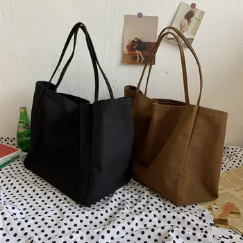 Простая Холщовая сумка-тоут, Женская сумка с ручкой Большой емкости, однотонная сумка через плечо, сумка для покупок