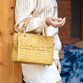 Скандинавская сумка из водорослей, Плетеная в стиле Ретро, Уличная повседневная сумка Baita, Креативная Бамбуковая ручка для девочек