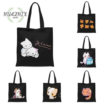 Сумка Kawaii Cat, Холщовые сумки-тоут на плечо с милыми кошками из мультфильмов для женщин, Школьная эстетическая сумка для покупок, сумки-тоут-сумки