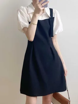 Черное Повседневное платье с мини-юбкой, Поддельное платье из двух частей, Поло с вырезом-фонариком, Корейские Элегантные Платья с лацканами, женские
