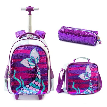 Школьная сумка на колесиках с блестками, рюкзак на колесиках, набор для ланча, школьная сумка на колесиках, сумка-тележка для девочек